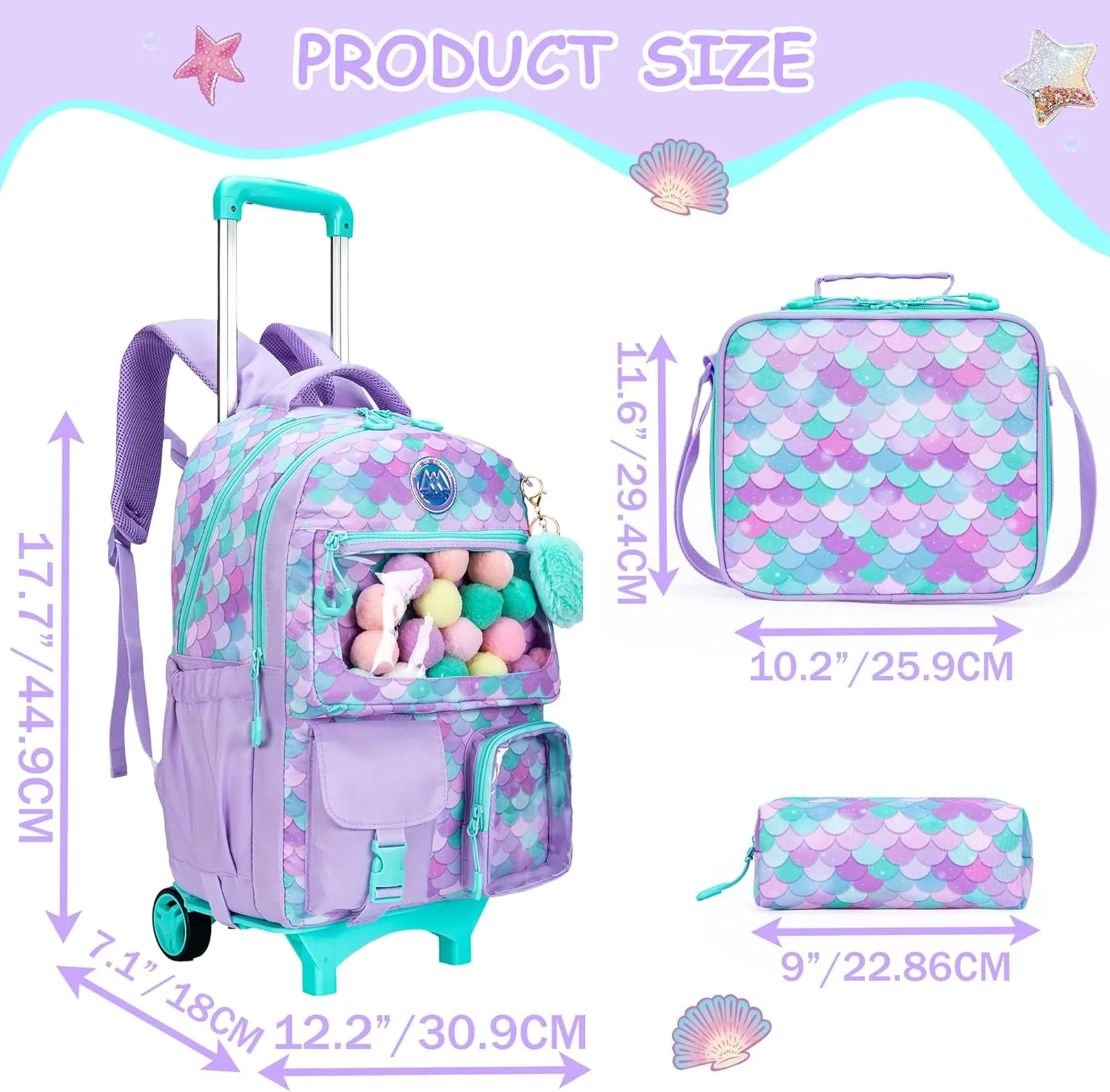 Meetbelify Mermaid Rolling Backpack for Kids - Cute Carry On with Wheels, Lunch Box & Pencil Case - Elementary Student to Teen Girls Luggage - Travel Suitcase