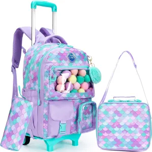Meetbelify Mermaid Rolling Backpack for Kids - Cute Carry On with Wheels, Lunch Box & Pencil Case - Elementary Student to Teen Girls Luggage - Travel Suitcase