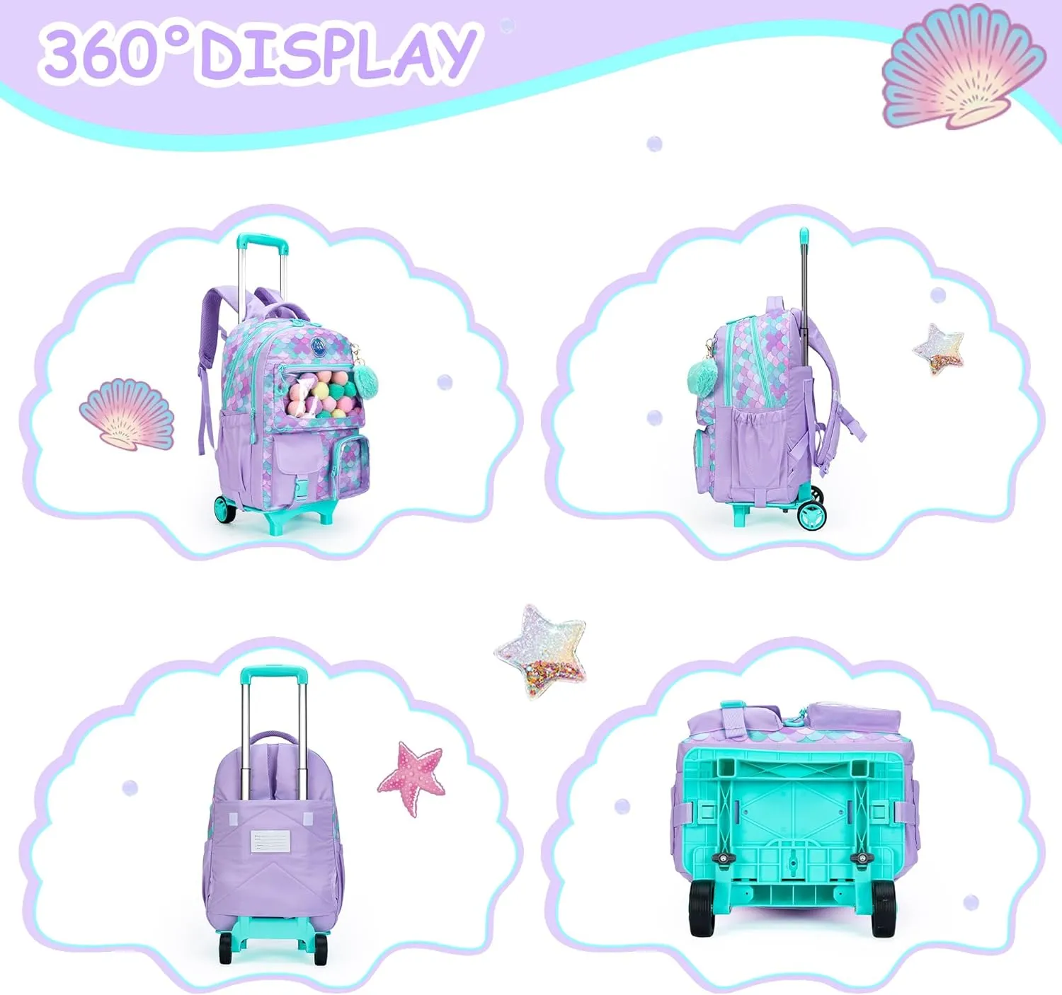 Meetbelify Mermaid Rolling Backpack for Kids - Cute Carry On with Wheels, Lunch Box & Pencil Case - Elementary Student to Teen Girls Luggage - Travel Suitcase