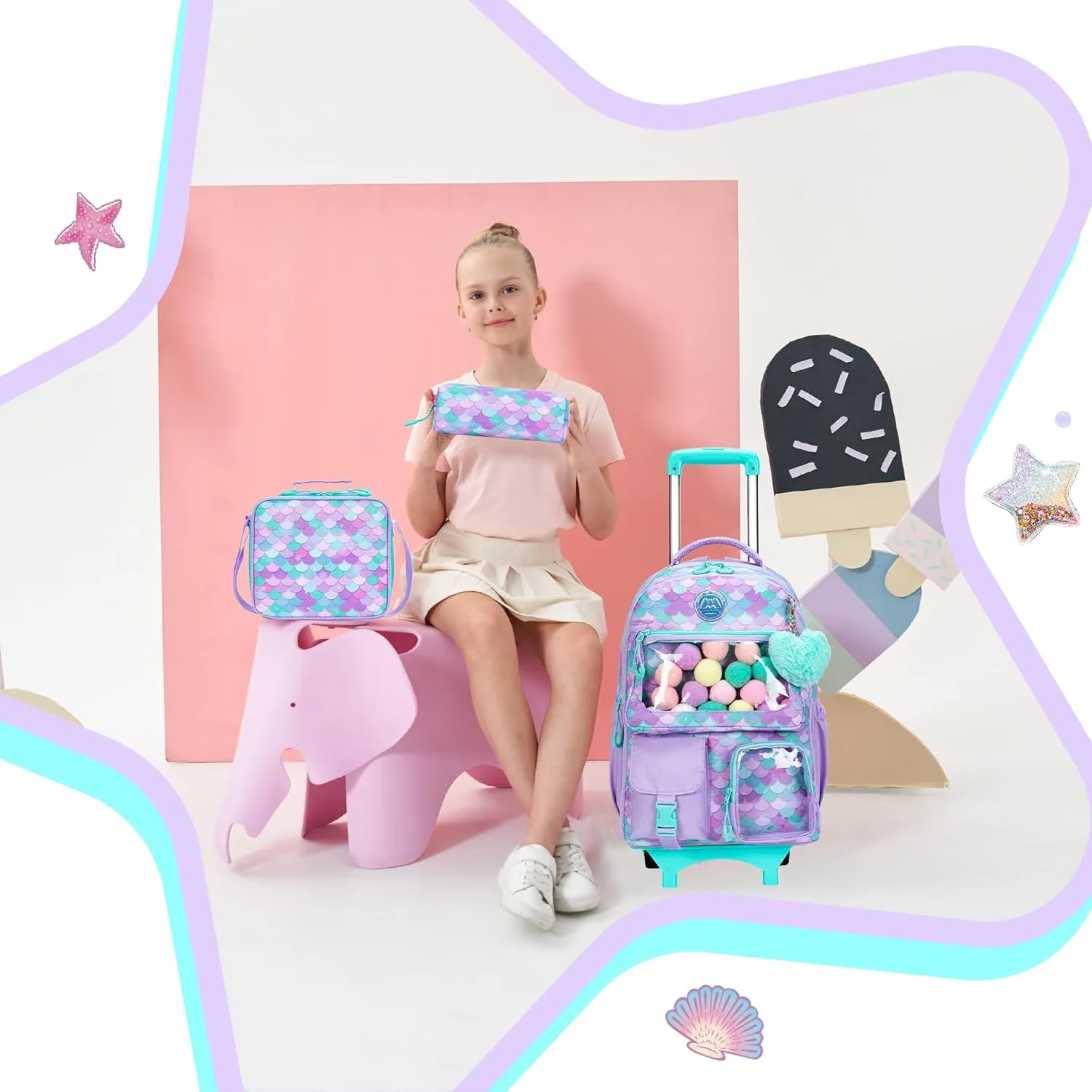 Meetbelify Mermaid Rolling Backpack for Kids - Cute Carry On with Wheels, Lunch Box & Pencil Case - Elementary Student to Teen Girls Luggage - Travel Suitcase