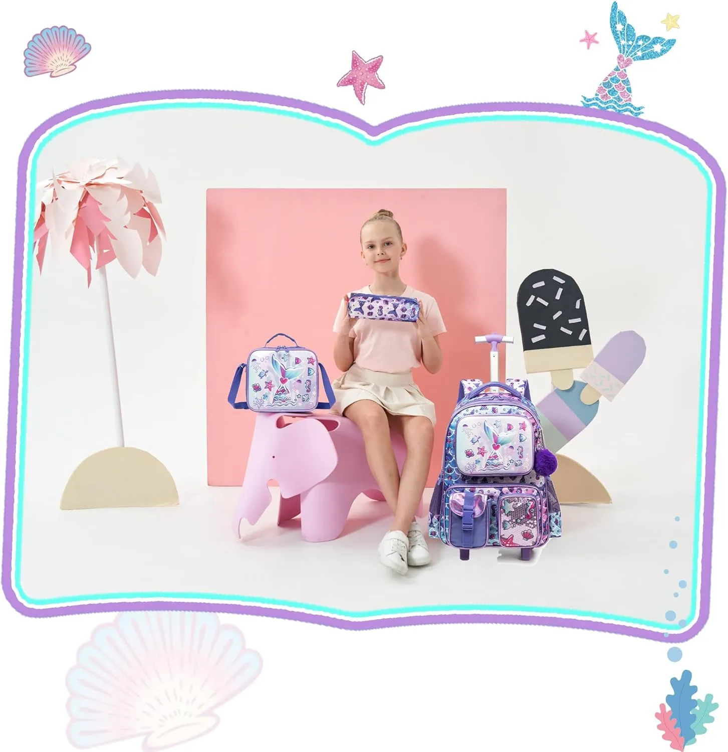 Meetbelify Mermaid Rolling Backpack with Wheels for Girls Rolling Backpacks with Lunch Box for Elementary School Students 3 in 1 Kids Travel Luggage Suitcase for Girls Age 8-10