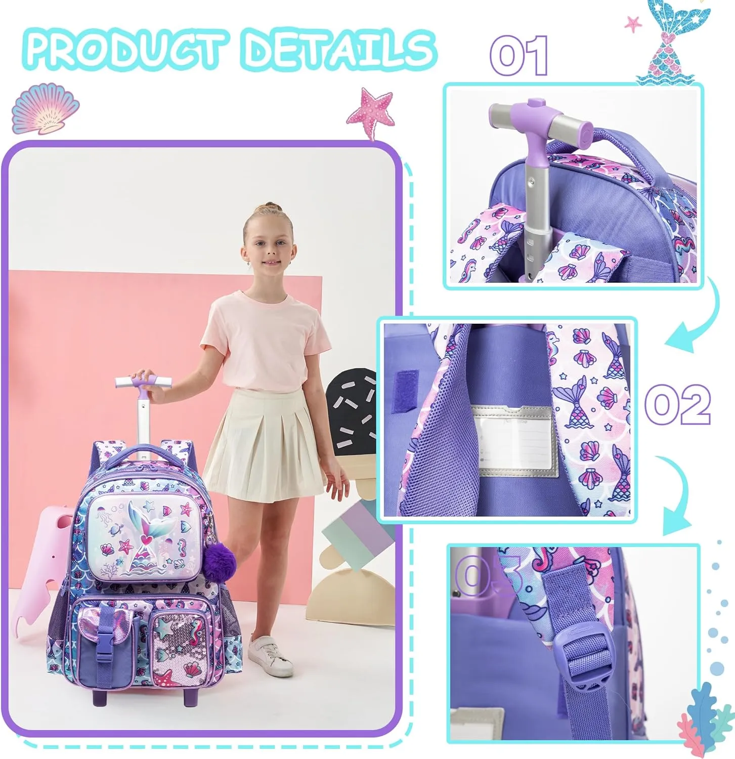 Meetbelify Mermaid Rolling Backpack with Wheels for Girls Rolling Backpacks with Lunch Box for Elementary School Students 3 in 1 Kids Travel Luggage Suitcase for Girls Age 8-10