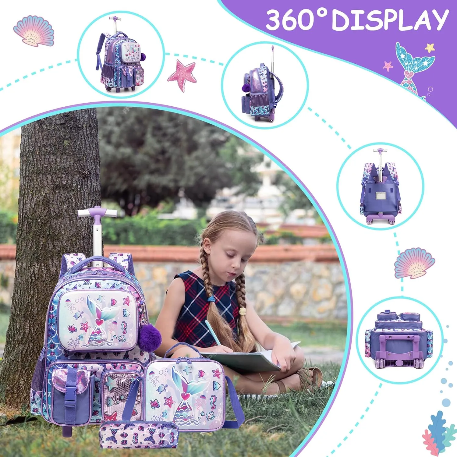 Meetbelify Mermaid Rolling Backpack with Wheels for Girls Rolling Backpacks with Lunch Box for Elementary School Students 3 in 1 Kids Travel Luggage Suitcase for Girls Age 8-10