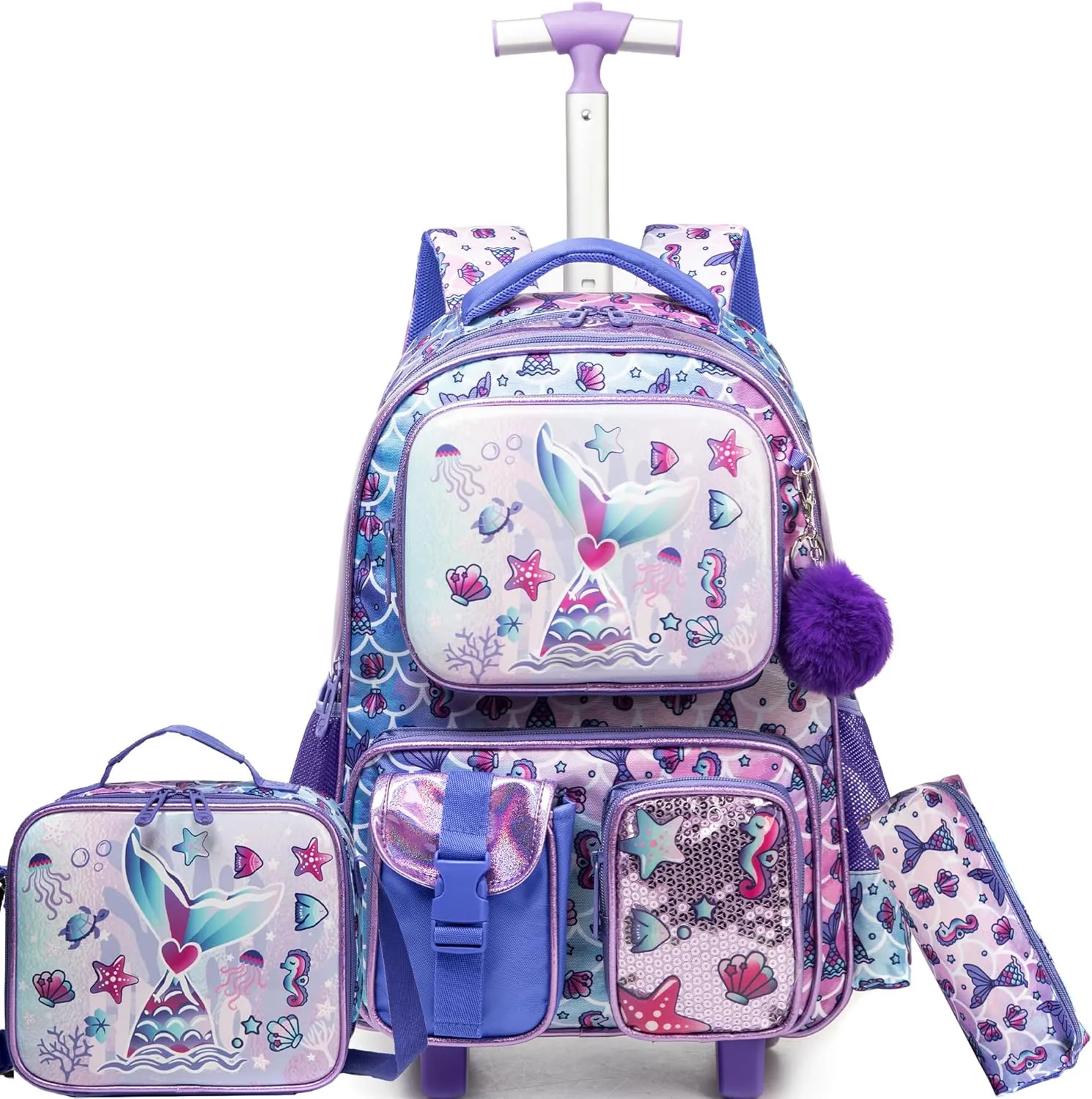 Meetbelify Mermaid Rolling Backpack with Wheels for Girls Rolling Backpacks with Lunch Box for Elementary School Students 3 in 1 Kids Travel Luggage Suitcase for Girls Age 8-10