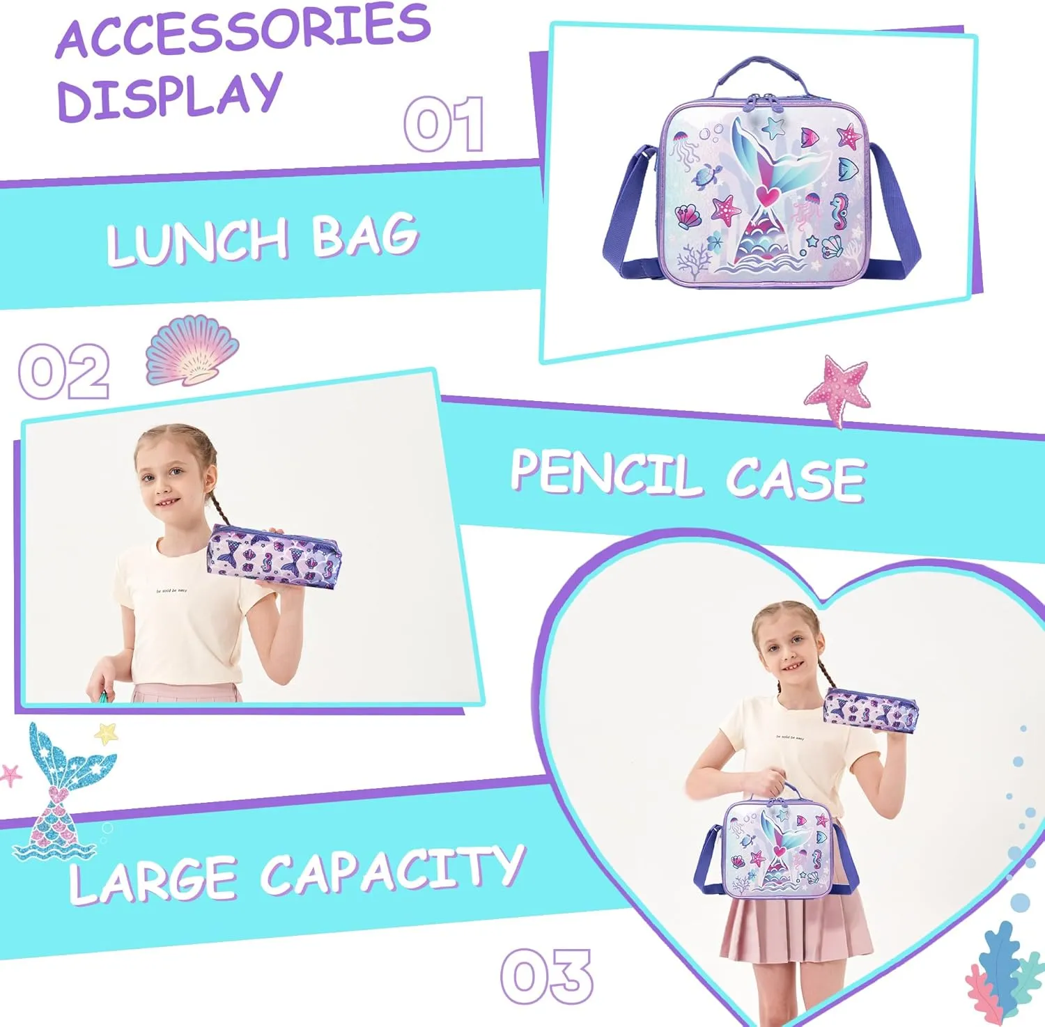 Meetbelify Mermaid Rolling Backpack with Wheels for Girls Rolling Backpacks with Lunch Box for Elementary School Students 3 in 1 Kids Travel Luggage Suitcase for Girls Age 8-10