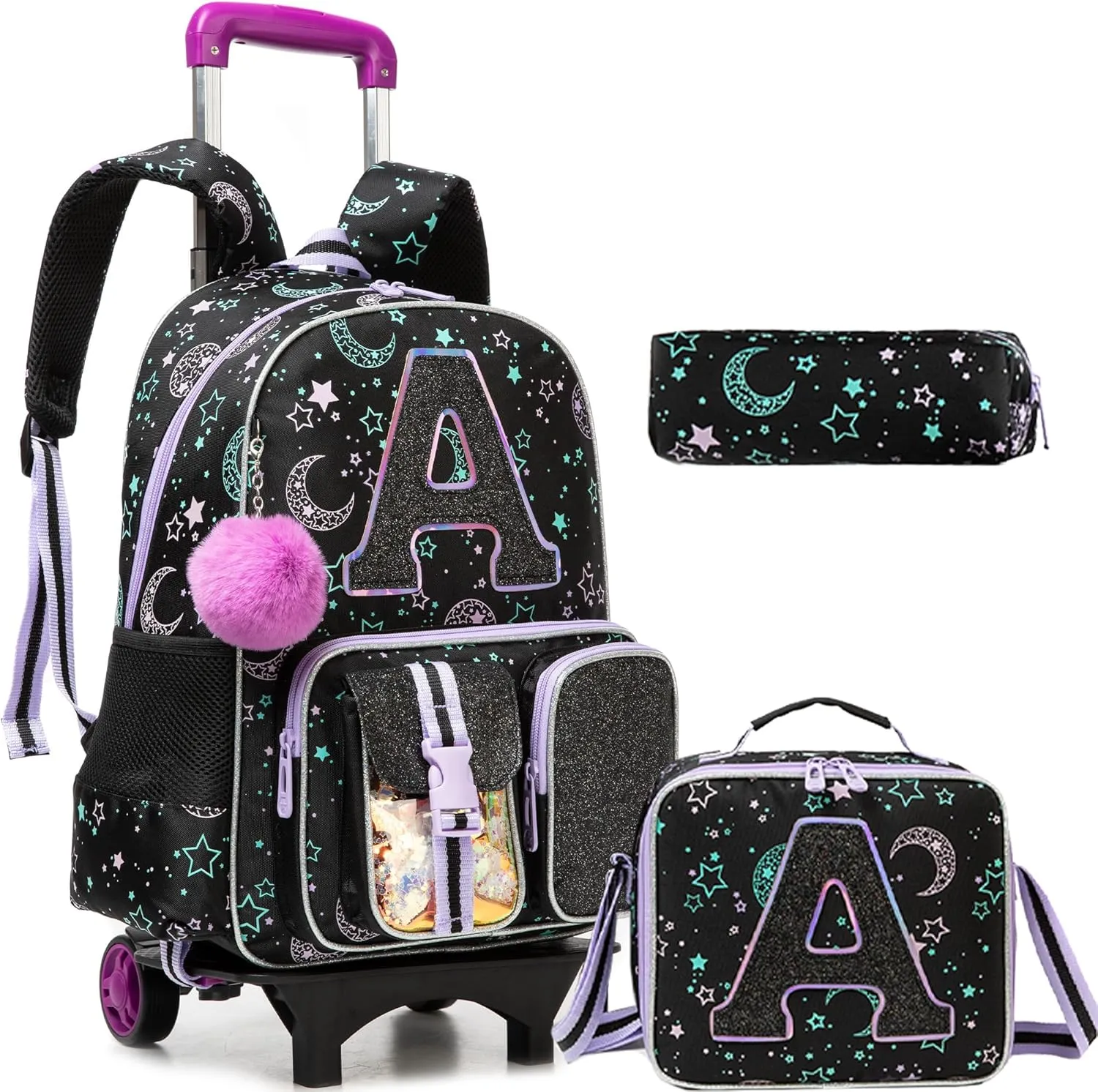 Meetbelify Rolling Backpack for Girls Backpack with Wheels for Elementary Student Kids School Bag with Lunch Box Pencil Case for Girls Ages 6-8 Years Old Black