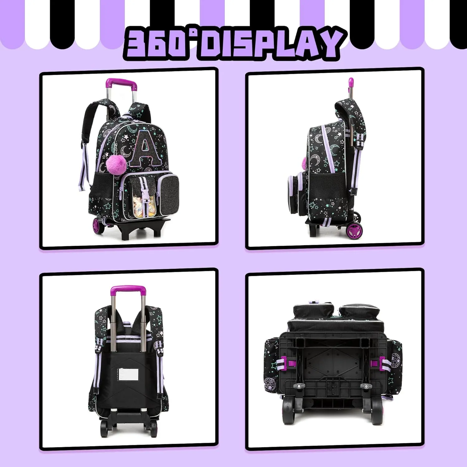 Meetbelify Rolling Backpack for Girls Backpack with Wheels for Elementary Student Kids School Bag with Lunch Box Pencil Case for Girls Ages 6-8 Years Old Black