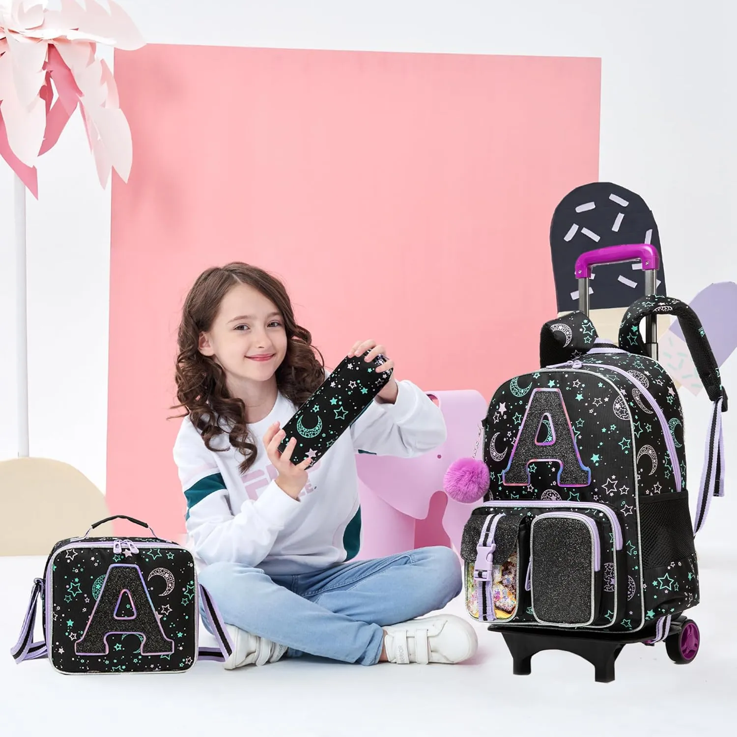 Meetbelify Rolling Backpack for Girls Backpack with Wheels for Elementary Student Kids School Bag with Lunch Box Pencil Case for Girls Ages 6-8 Years Old Black