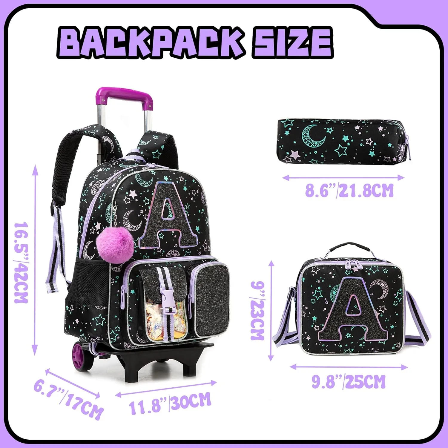 Meetbelify Rolling Backpack for Girls Backpack with Wheels for Elementary Student Kids School Bag with Lunch Box Pencil Case for Girls Ages 6-8 Years Old Black