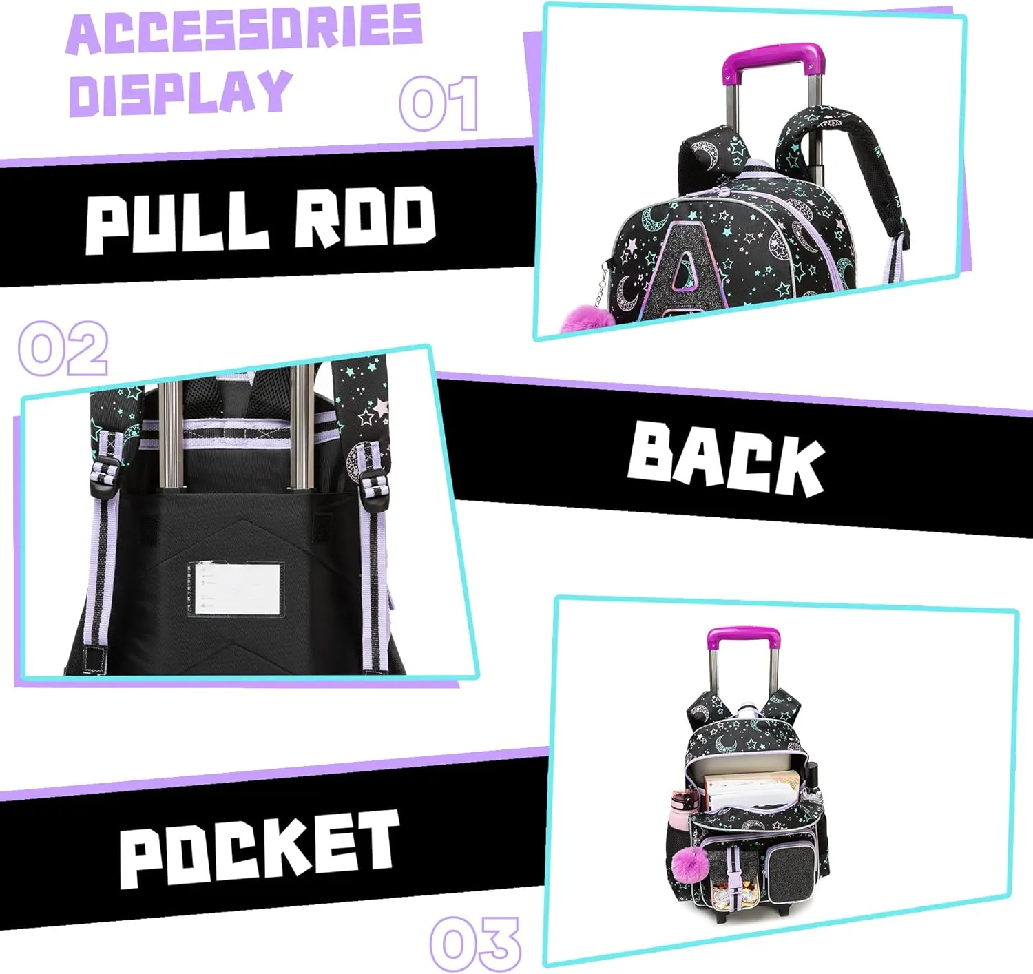 Meetbelify Rolling Backpack for Girls Backpack with Wheels for Elementary Student Kids School Bag with Lunch Box Pencil Case for Girls Ages 6-8 Years Old Black