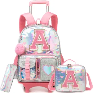 Meetbelify Rolling Backpack for Girls Backpack with Wheels for Elementary Student Kids School Bag with Lunch Box Pencil Case for Girls Ages 6-8 Years Old Pink
