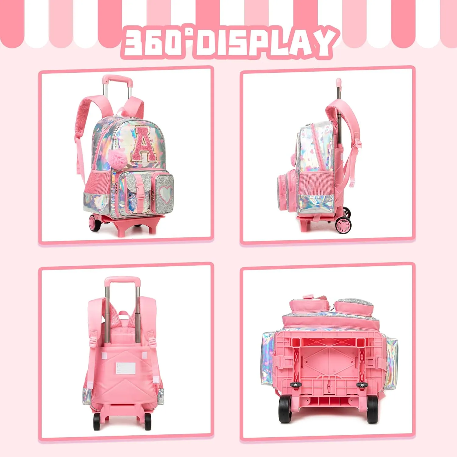 Meetbelify Rolling Backpack for Girls Backpack with Wheels for Elementary Student Kids School Bag with Lunch Box Pencil Case for Girls Ages 6-8 Years Old Pink