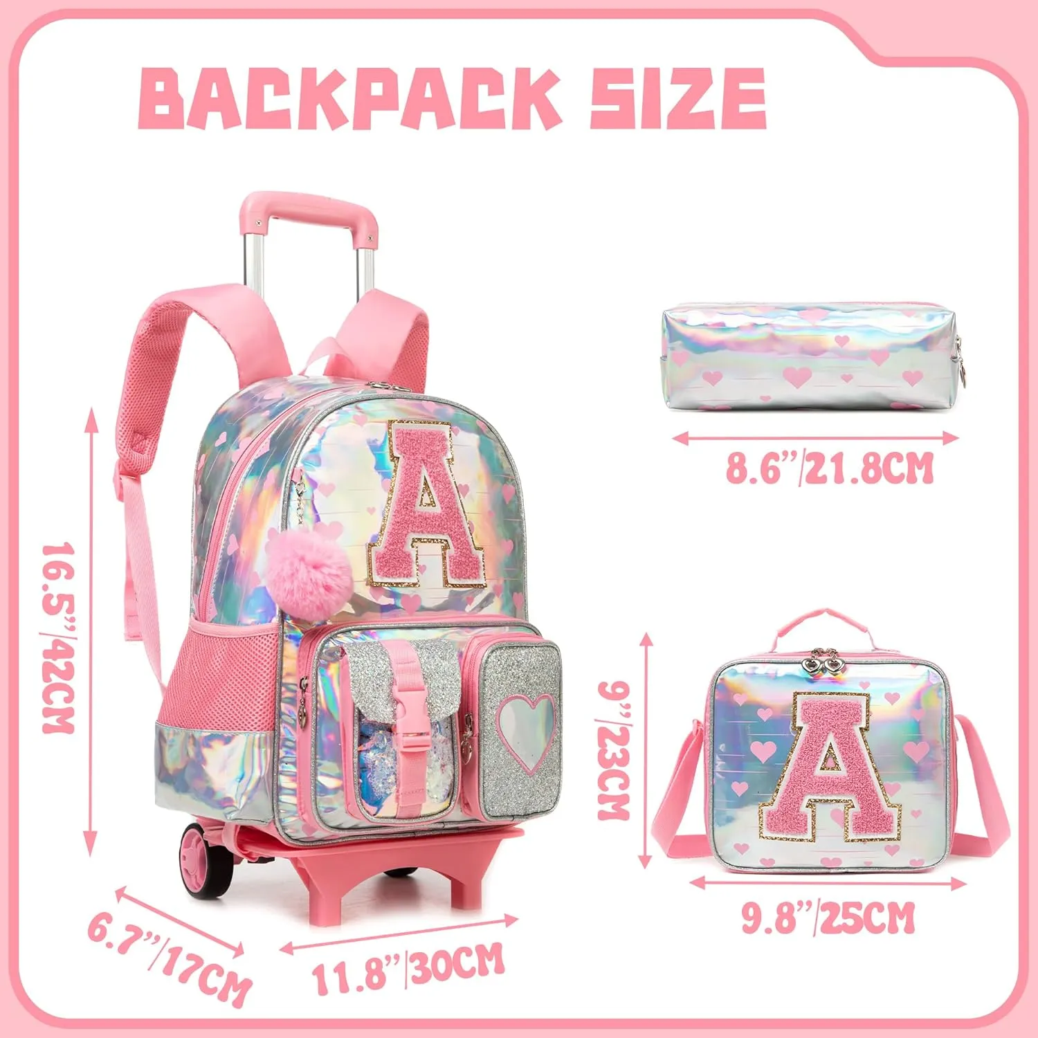 Meetbelify Rolling Backpack for Girls Backpack with Wheels for Elementary Student Kids School Bag with Lunch Box Pencil Case for Girls Ages 6-8 Years Old Pink