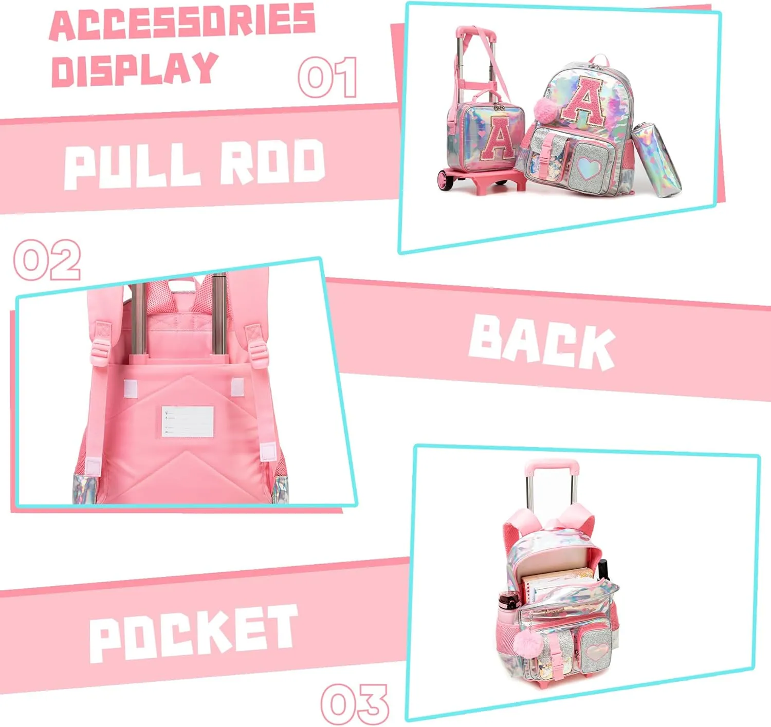 Meetbelify Rolling Backpack for Girls Backpack with Wheels for Elementary Student Kids School Bag with Lunch Box Pencil Case for Girls Ages 6-8 Years Old Pink