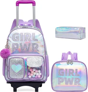 Meetbelify Rolling Backpack for Girls Backpack with Wheels for Elementary Student Kids School Bag with Lunch Box Pencil Case for Girls Ages 6-8 Years Old
