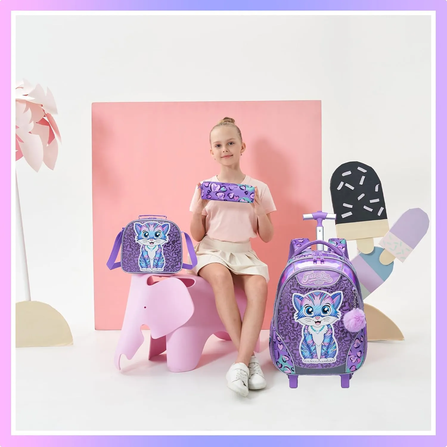 Meetbelify Rolling Backpack for Girls Backpacks with Wheels for Elementary Preschool Students 3 in 1 Carry on Travel Luggage Kids Suitcase with Lunch Box Pencil Case for Girls Age 8-10