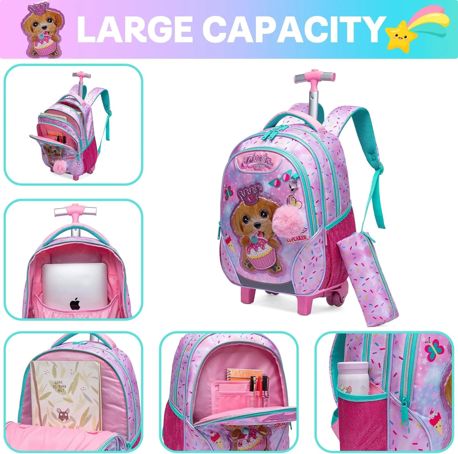 Meetbelify Rolling Backpack for Girls Backpacks with Wheels for Elementary Preschool Students 3 in 1 Carry on Travel Luggage Kids Suitcase with Lunch Box Pencil Case for Girls Age 8-10