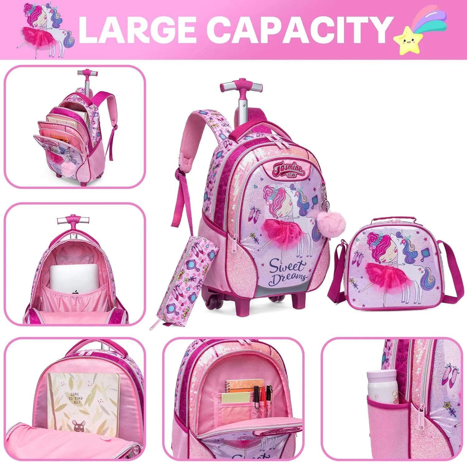 Meetbelify Rolling Backpack for Girls Backpacks with Wheels for Elementary Preschool Students 3 in 1 Carry on Travel Luggage Kids Suitcase with Lunch Box Pencil Case for Girls Age 8-10