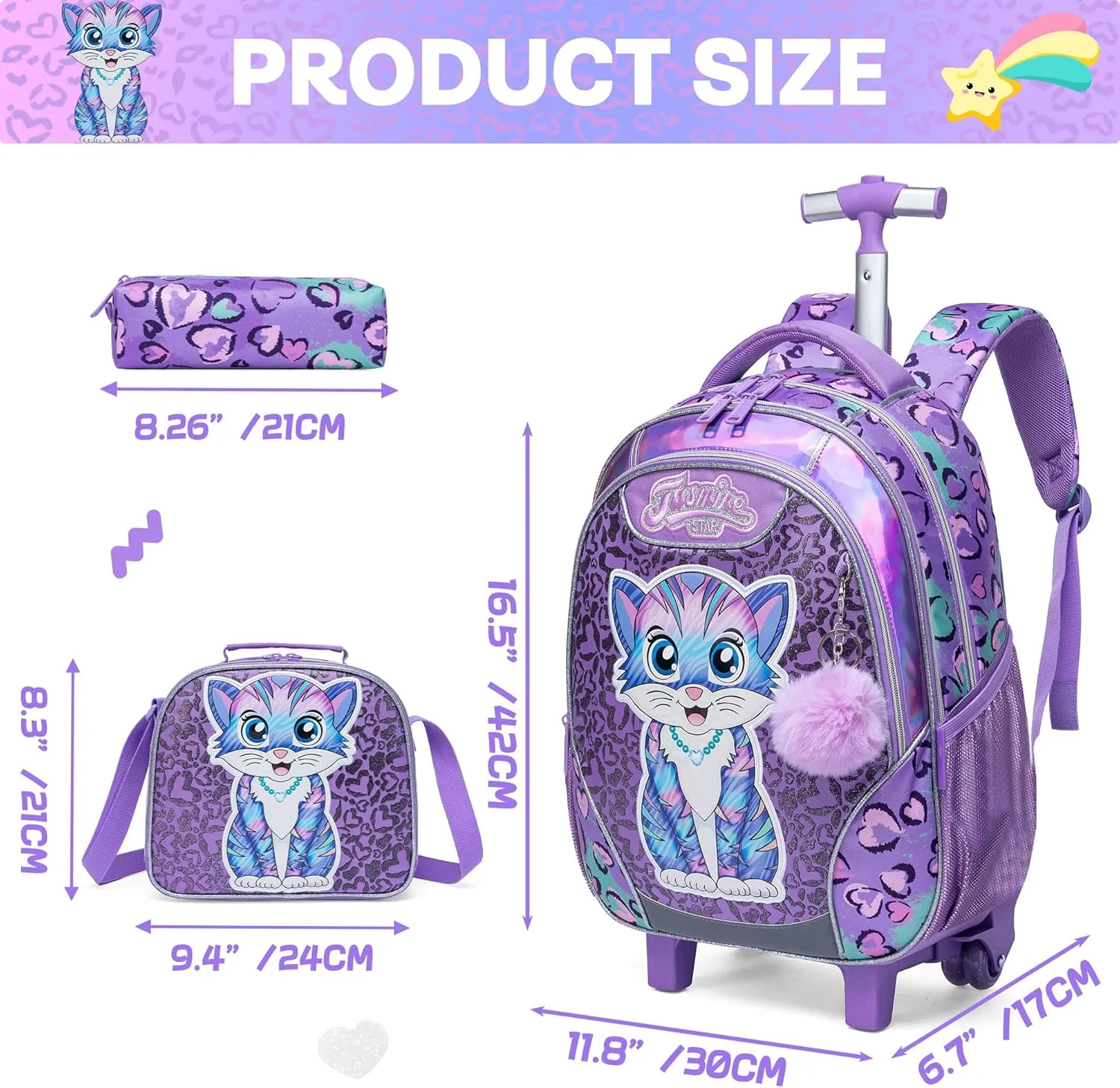 Meetbelify Rolling Backpack for Girls Backpacks with Wheels for Elementary Preschool Students 3 in 1 Carry on Travel Luggage Kids Suitcase with Lunch Box Pencil Case for Girls Age 8-10
