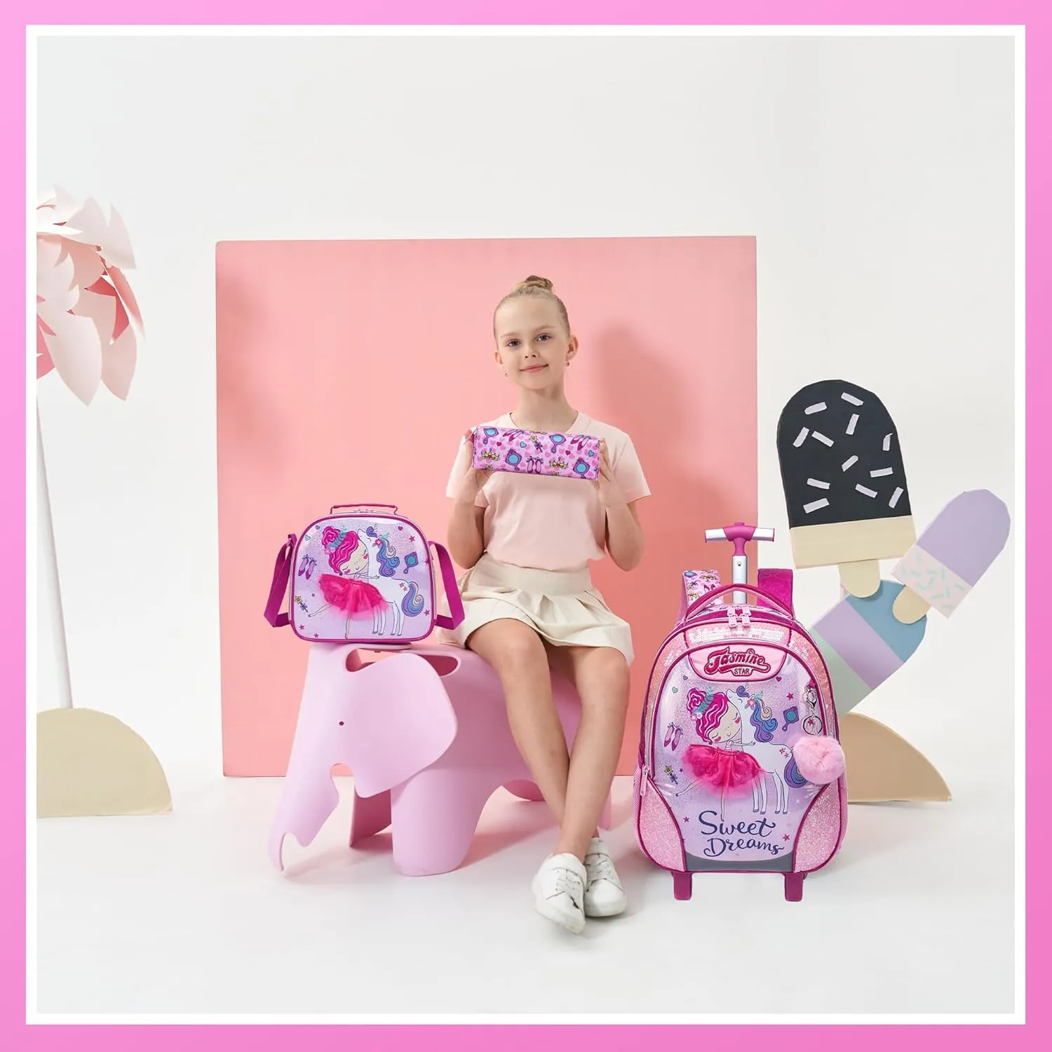Meetbelify Rolling Backpack for Girls Backpacks with Wheels for Elementary Preschool Students 3 in 1 Carry on Travel Luggage Kids Suitcase with Lunch Box Pencil Case for Girls Age 8-10