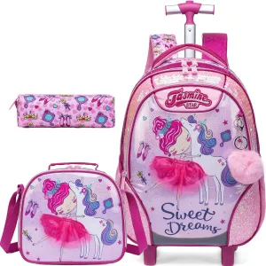 Meetbelify Rolling Backpack for Girls Backpacks with Wheels for Elementary Preschool Students 3 in 1 Carry on Travel Luggage Kids Suitcase with Lunch Box Pencil Case for Girls Age 8-10