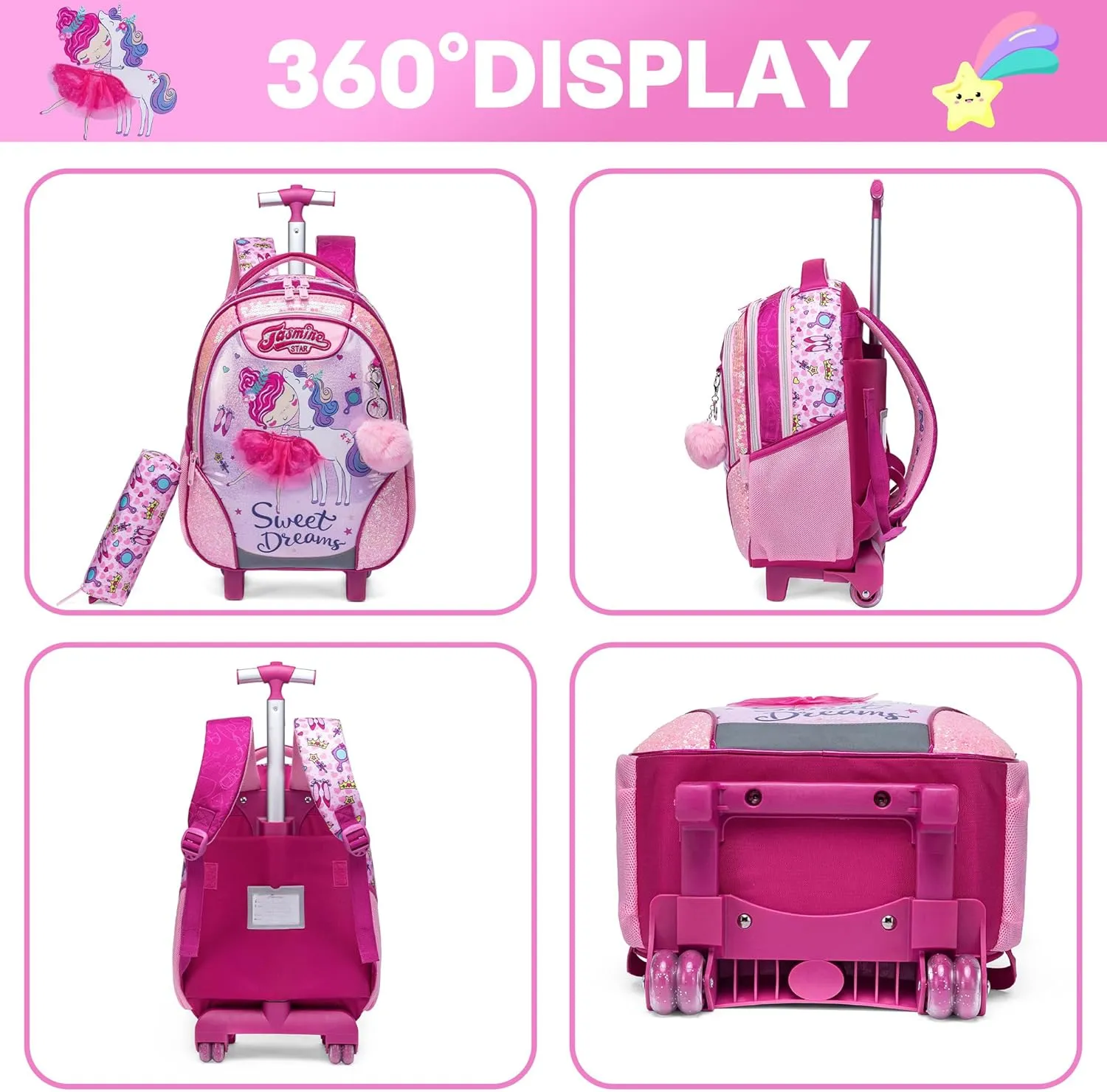 Meetbelify Rolling Backpack for Girls Backpacks with Wheels for Elementary Preschool Students 3 in 1 Carry on Travel Luggage Kids Suitcase with Lunch Box Pencil Case for Girls Age 8-10
