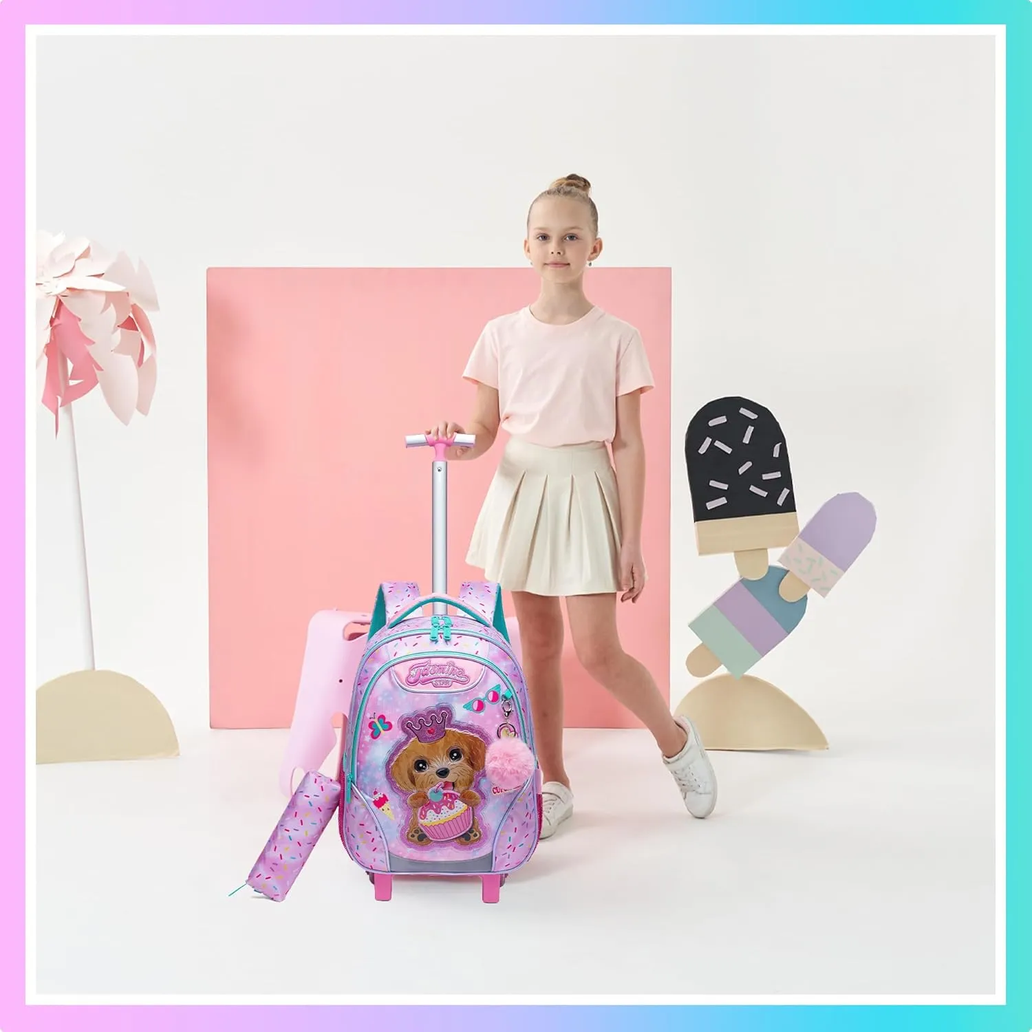 Meetbelify Rolling Backpack for Girls Backpacks with Wheels for Elementary Preschool Students 3 in 1 Carry on Travel Luggage Kids Suitcase with Lunch Box Pencil Case for Girls Age 8-10