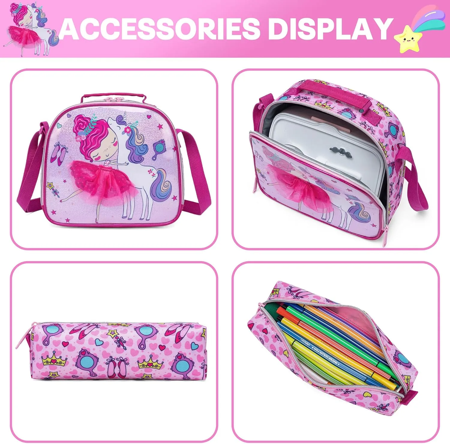 Meetbelify Rolling Backpack for Girls Backpacks with Wheels for Elementary Preschool Students 3 in 1 Carry on Travel Luggage Kids Suitcase with Lunch Box Pencil Case for Girls Age 8-10