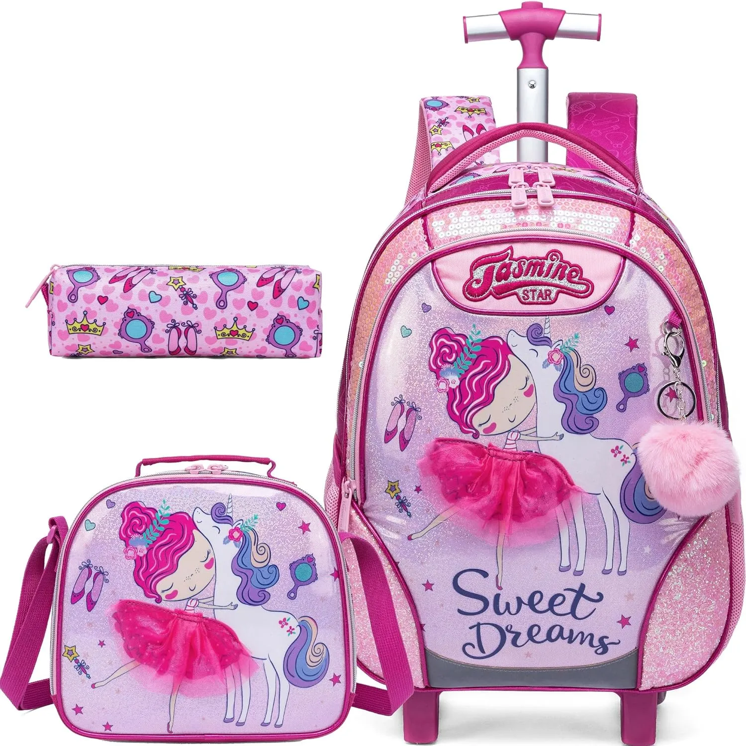 Meetbelify Rolling Backpack for Girls Backpacks with Wheels for Elementary Preschool Students 3 in 1 Carry on Travel Luggage Kids Suitcase with Lunch Box Pencil Case for Girls Age 8-10