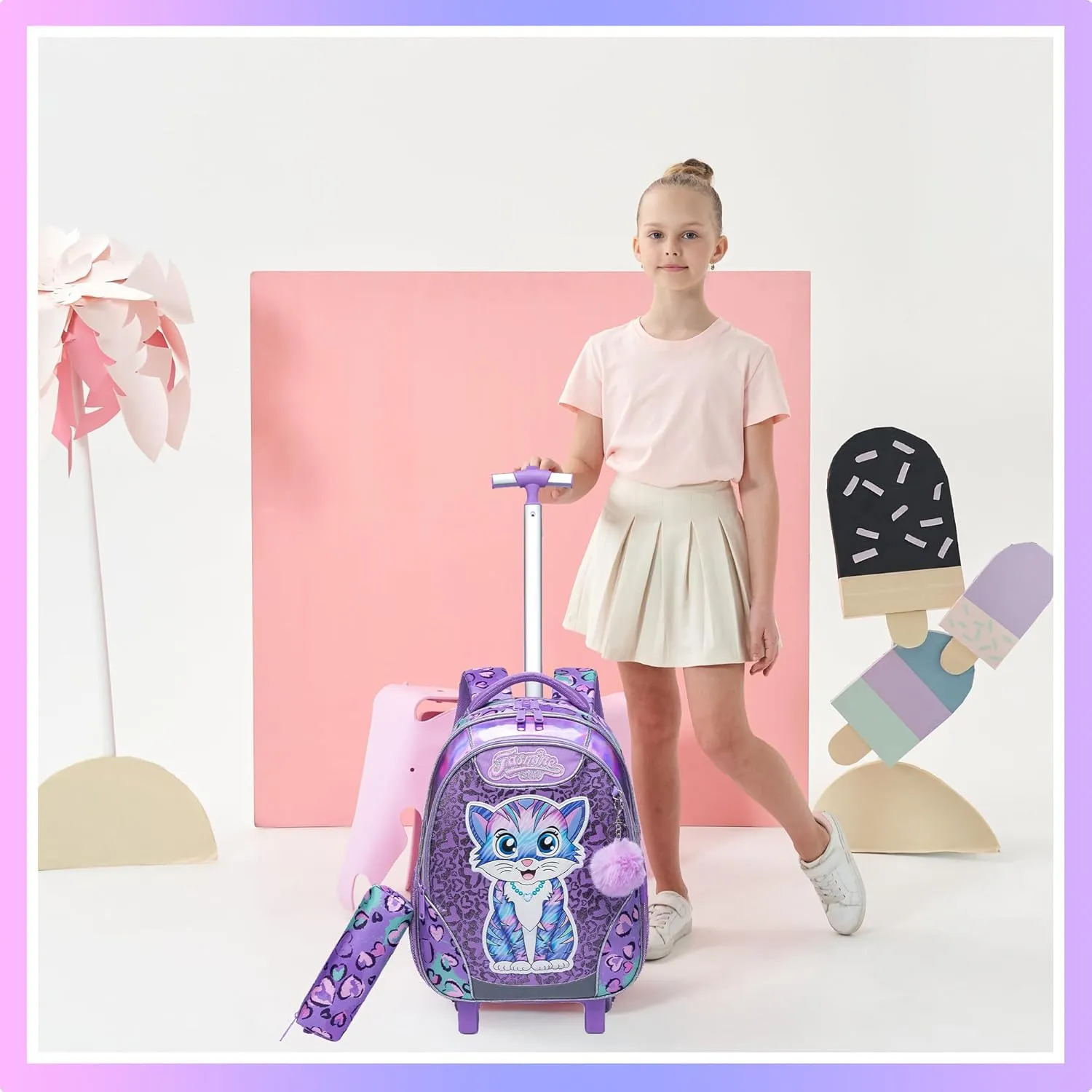 Meetbelify Rolling Backpack for Girls Backpacks with Wheels for Elementary Preschool Students 3 in 1 Carry on Travel Luggage Kids Suitcase with Lunch Box Pencil Case for Girls Age 8-10
