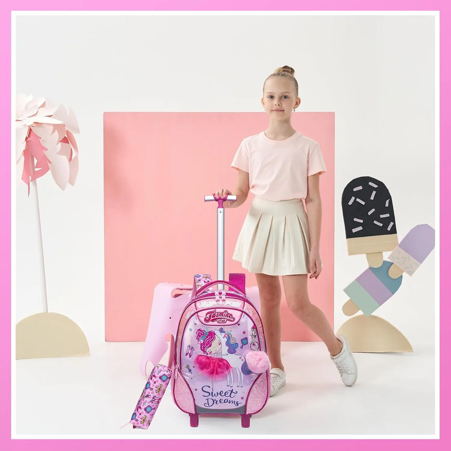 Meetbelify Rolling Backpack for Girls Backpacks with Wheels for Elementary Preschool Students 3 in 1 Carry on Travel Luggage Kids Suitcase with Lunch Box Pencil Case for Girls Age 8-10
