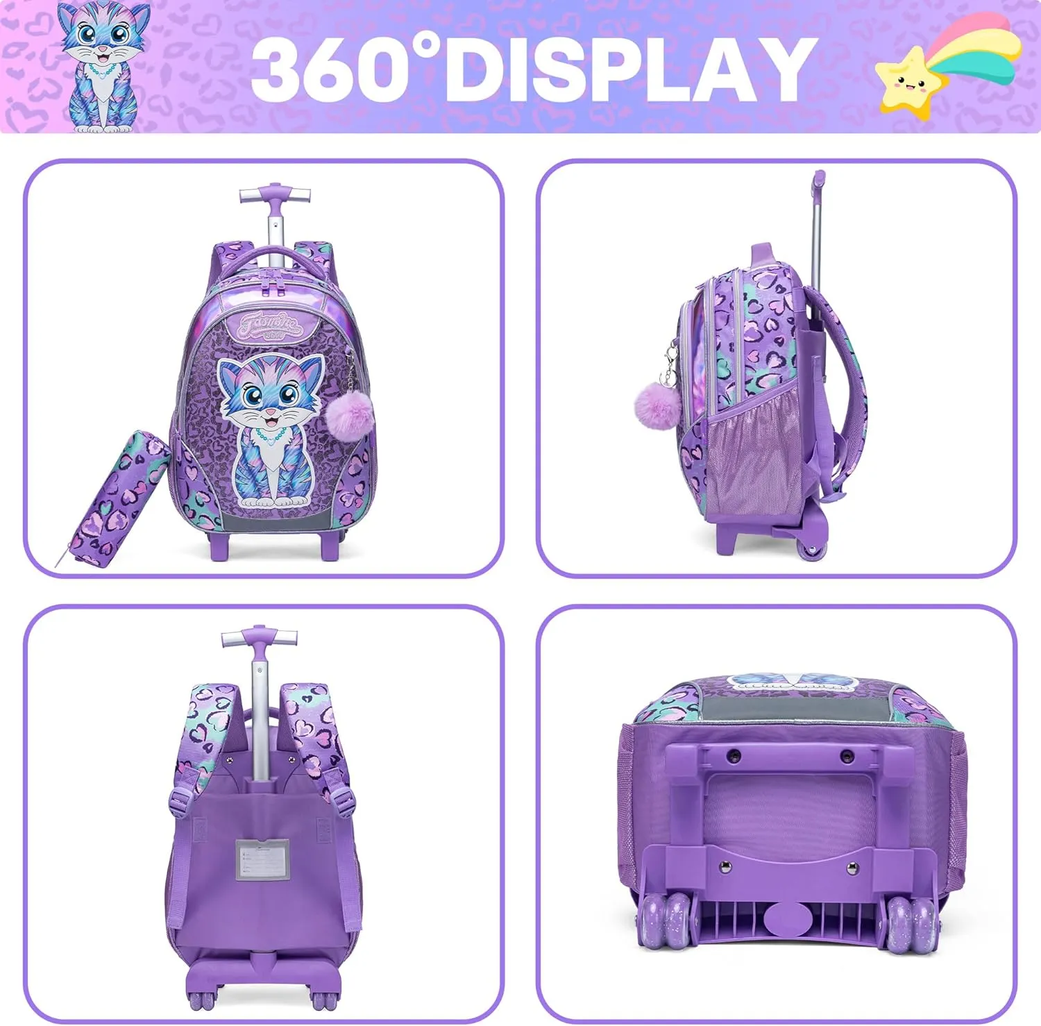 Meetbelify Rolling Backpack for Girls Backpacks with Wheels for Elementary Preschool Students 3 in 1 Carry on Travel Luggage Kids Suitcase with Lunch Box Pencil Case for Girls Age 8-10