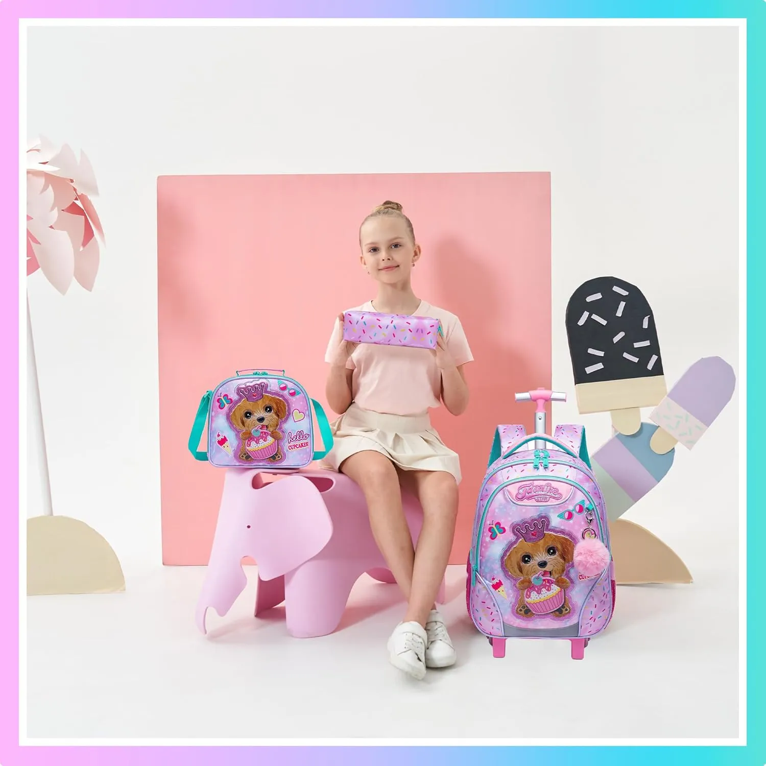 Meetbelify Rolling Backpack for Girls Backpacks with Wheels for Elementary Preschool Students 3 in 1 Carry on Travel Luggage Kids Suitcase with Lunch Box Pencil Case for Girls Age 8-10