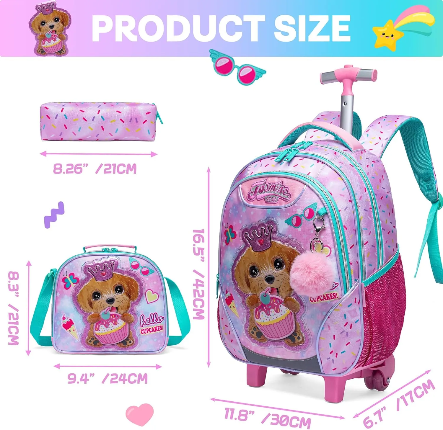 Meetbelify Rolling Backpack for Girls Backpacks with Wheels for Elementary Preschool Students 3 in 1 Carry on Travel Luggage Kids Suitcase with Lunch Box Pencil Case for Girls Age 8-10