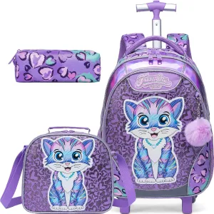 Meetbelify Rolling Backpack for Girls Backpacks with Wheels for Elementary Preschool Students 3 in 1 Carry on Travel Luggage Kids Suitcase with Lunch Box Pencil Case for Girls Age 8-10