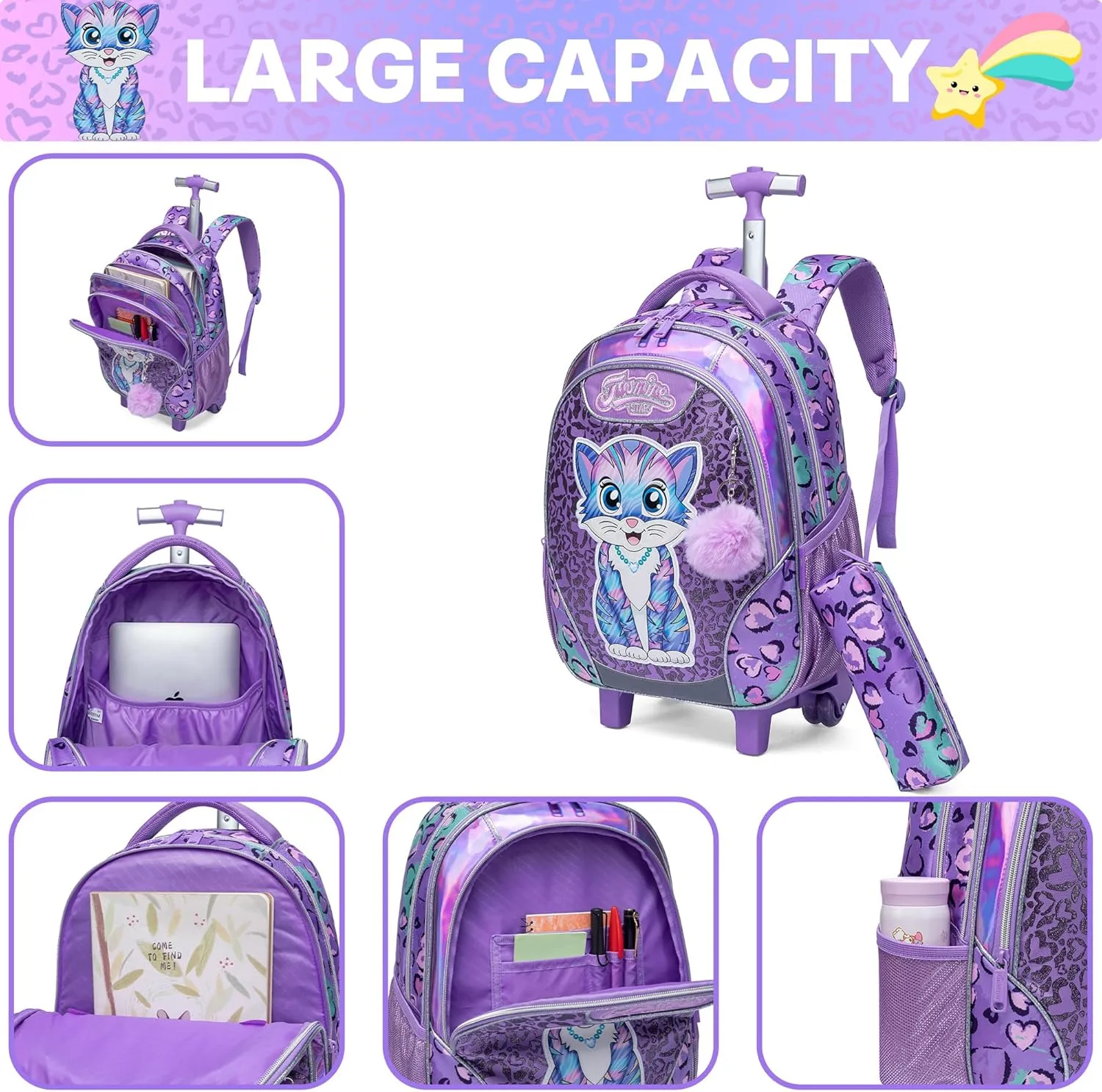Meetbelify Rolling Backpack for Girls Backpacks with Wheels for Elementary Preschool Students 3 in 1 Carry on Travel Luggage Kids Suitcase with Lunch Box Pencil Case for Girls Age 8-10