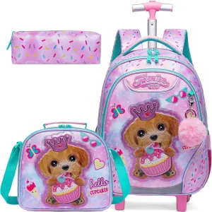 Meetbelify Rolling Backpack for Girls Backpacks with Wheels for Elementary Preschool Students 3 in 1 Carry on Travel Luggage Kids Suitcase with Lunch Box Pencil Case for Girls Age 8-10