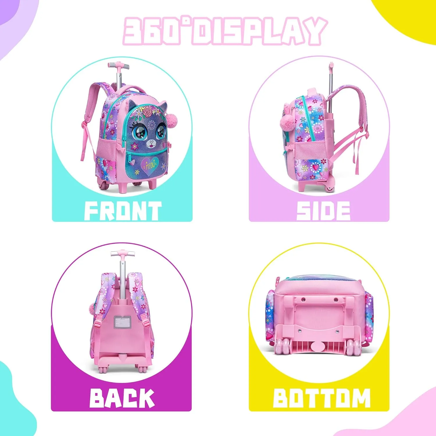 Meetbelify Rolling Backpack for Girls Backpacks with Wheels for Elementary School Students Kids 2 in 1 Travel Luggage Suitcase for Girls Age 8-10