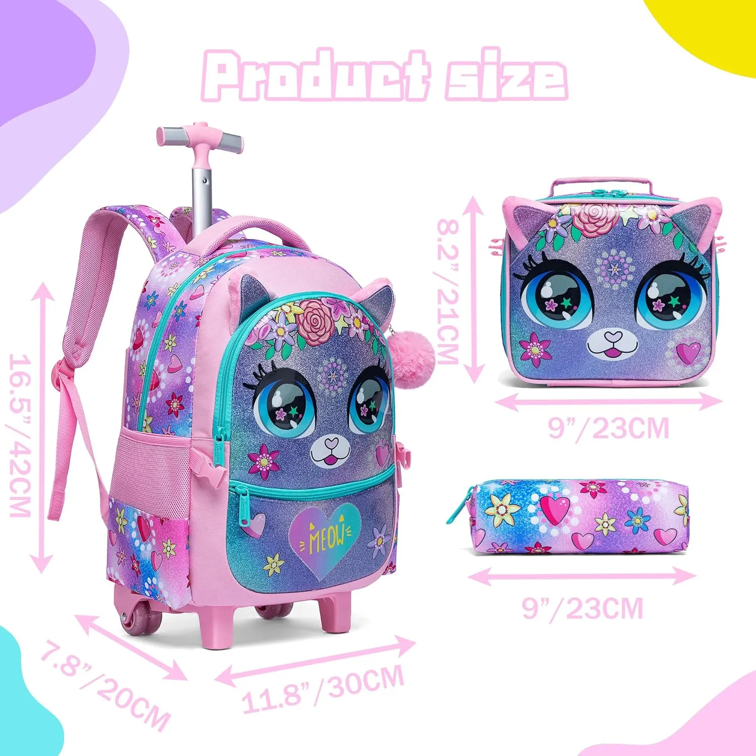 Meetbelify Rolling Backpack for Girls Backpacks with Wheels for Elementary School Students Kids 2 in 1 Travel Luggage Suitcase for Girls Age 8-10