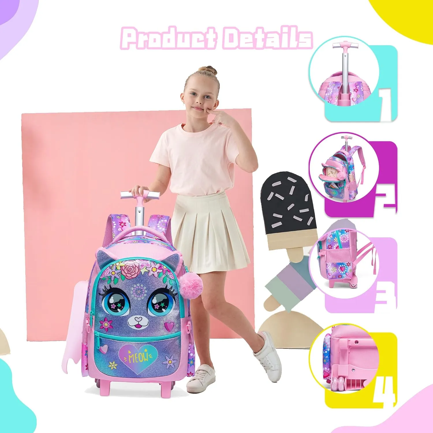 Meetbelify Rolling Backpack for Girls Backpacks with Wheels for Elementary School Students Kids 2 in 1 Travel Luggage Suitcase for Girls Age 8-10