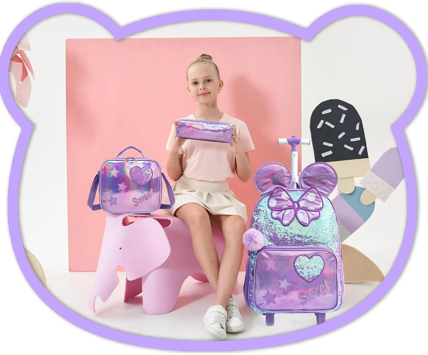 Meetbelify Rolling Backpack for Girls Backpacks with Wheels for Elementary School Students Kids 3 in 1 Travel Luggage Suitcase with Lunch Box Pencil Case for Girls Age 8-10 Cute