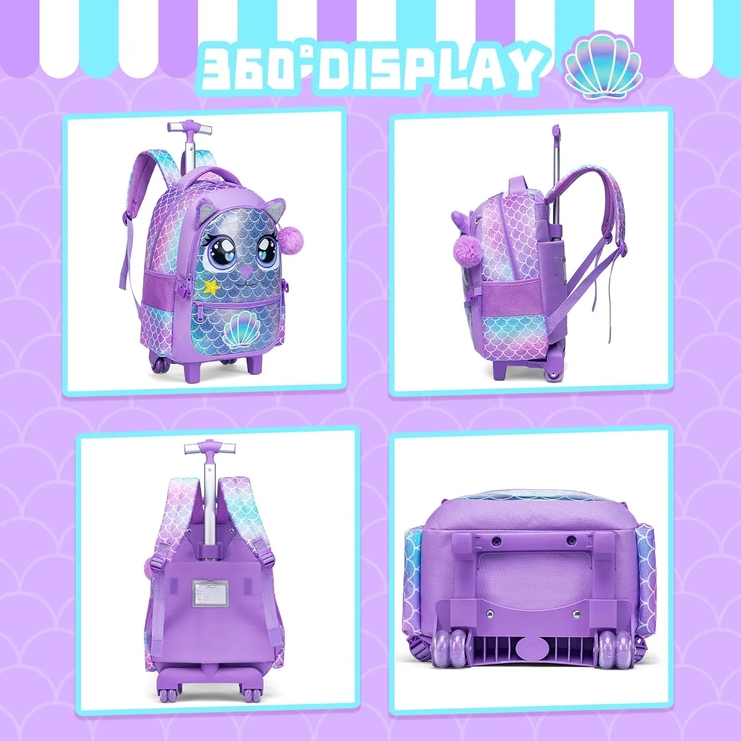 Meetbelify Rolling Backpack for Girls Backpacks with Wheels for Elementary School Students Kids 3 in 1 Travel Luggage Suitcase with Lunch Box Pencil Case for Girls Age 8-10