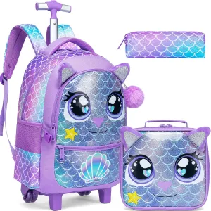 Meetbelify Rolling Backpack for Girls Backpacks with Wheels for Elementary School Students Kids 3 in 1 Travel Luggage Suitcase with Lunch Box Pencil Case for Girls Age 8-10