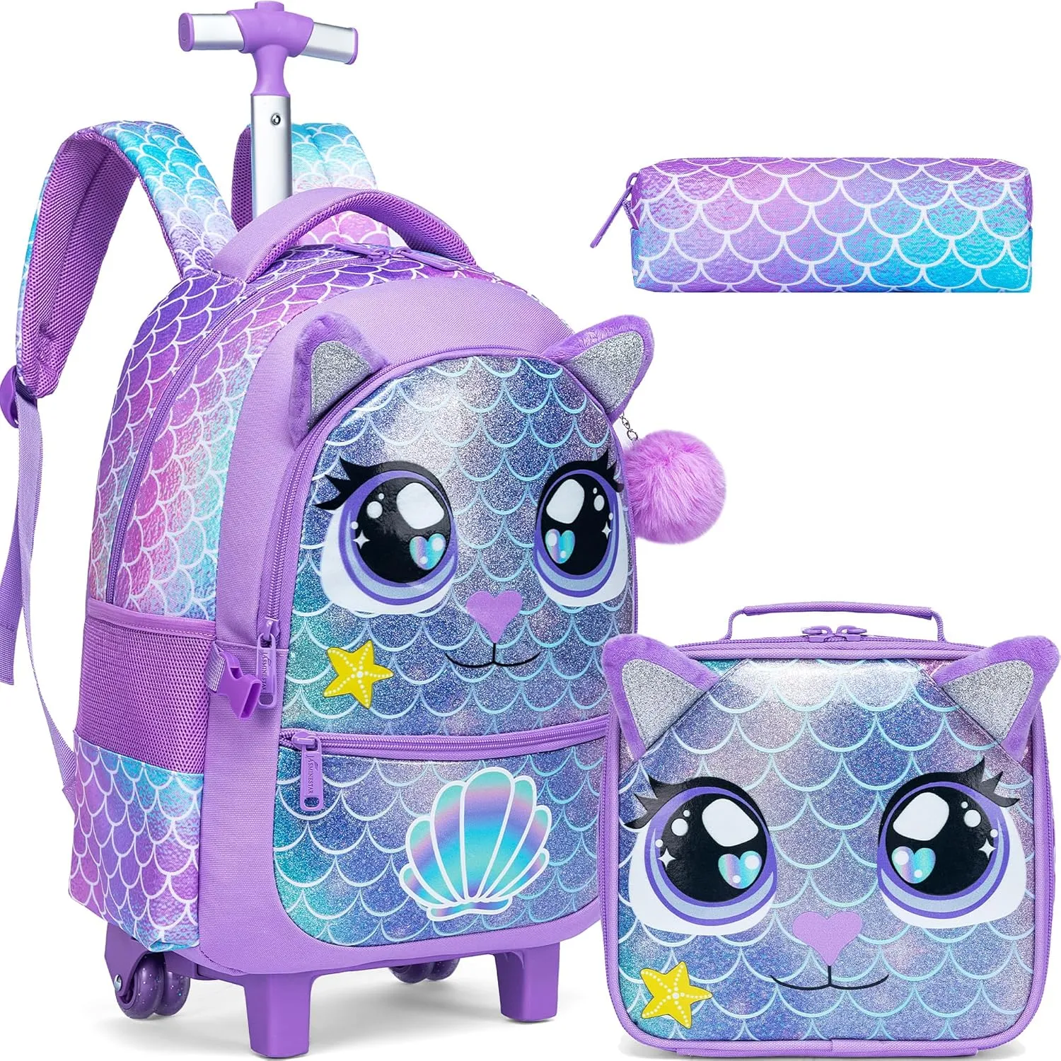 Meetbelify Rolling Backpack for Girls Backpacks with Wheels for Elementary School Students Kids 3 in 1 Travel Luggage Suitcase with Lunch Box Pencil Case for Girls Age 8-10
