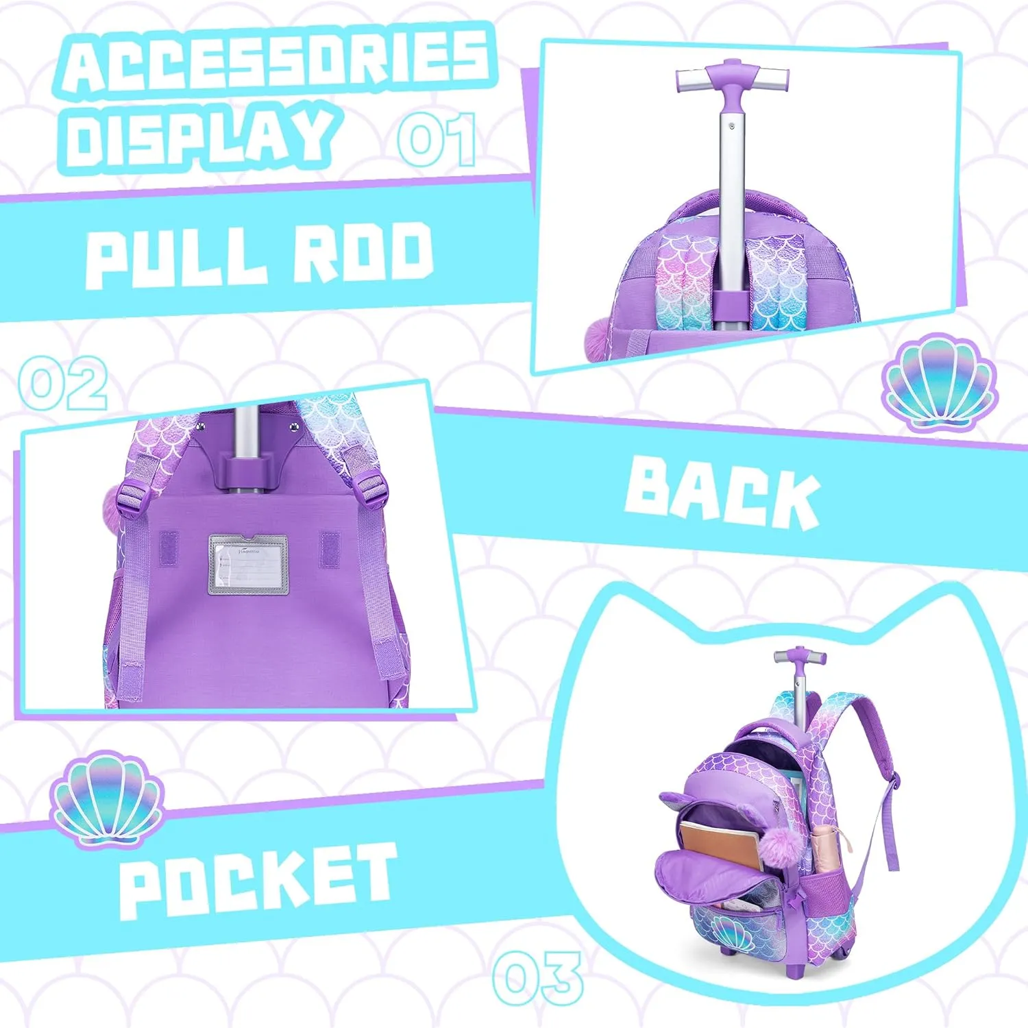 Meetbelify Rolling Backpack for Girls Backpacks with Wheels for Elementary School Students Kids 3 in 1 Travel Luggage Suitcase with Lunch Box Pencil Case for Girls Age 8-10