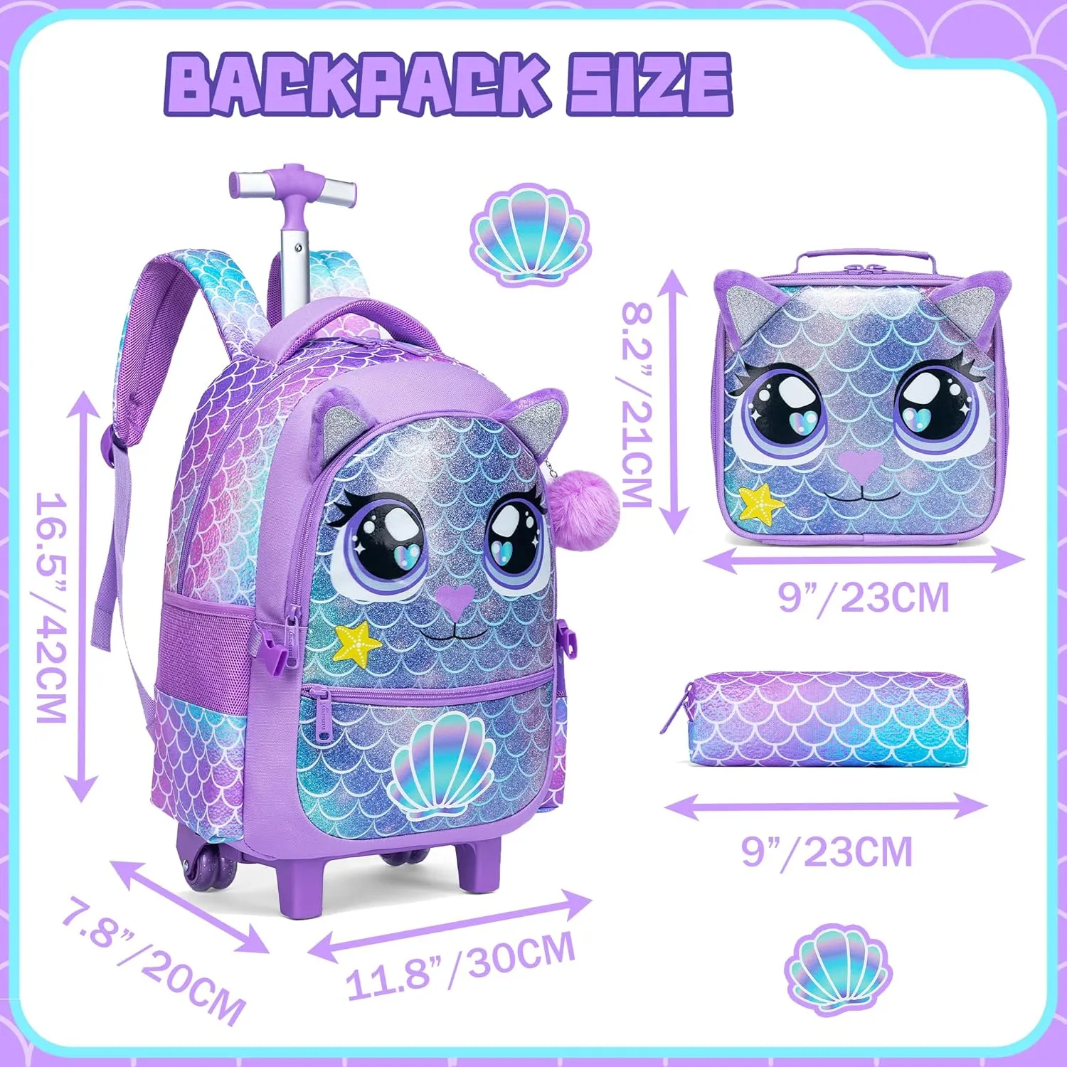 Meetbelify Rolling Backpack for Girls Backpacks with Wheels for Elementary School Students Kids 3 in 1 Travel Luggage Suitcase with Lunch Box Pencil Case for Girls Age 8-10