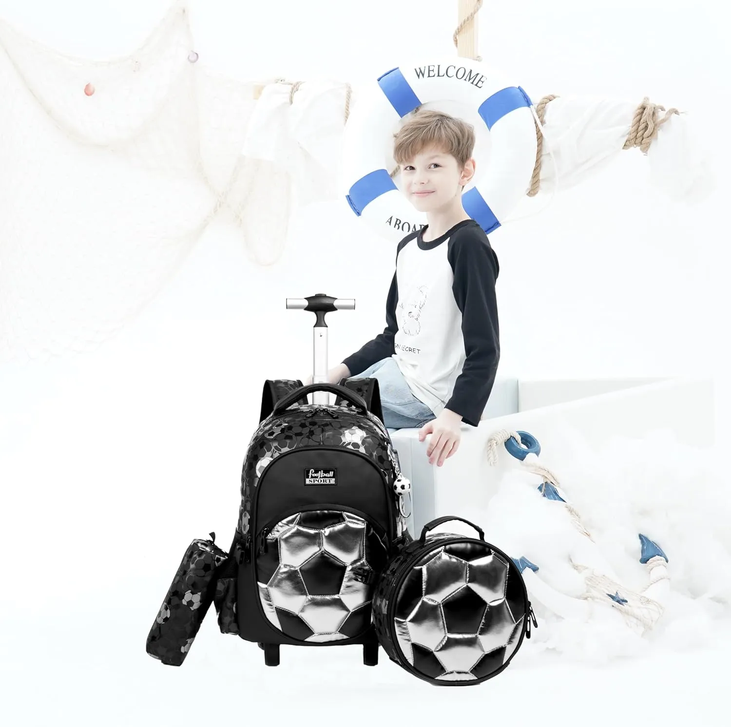 Meetbelify Rolling Backpack with Wheels for Boys Roller Backpacks with Lunch Box Pencil Case for Elementary Students Kids Football Luggage Travel Suitcase for Boys 6-8
