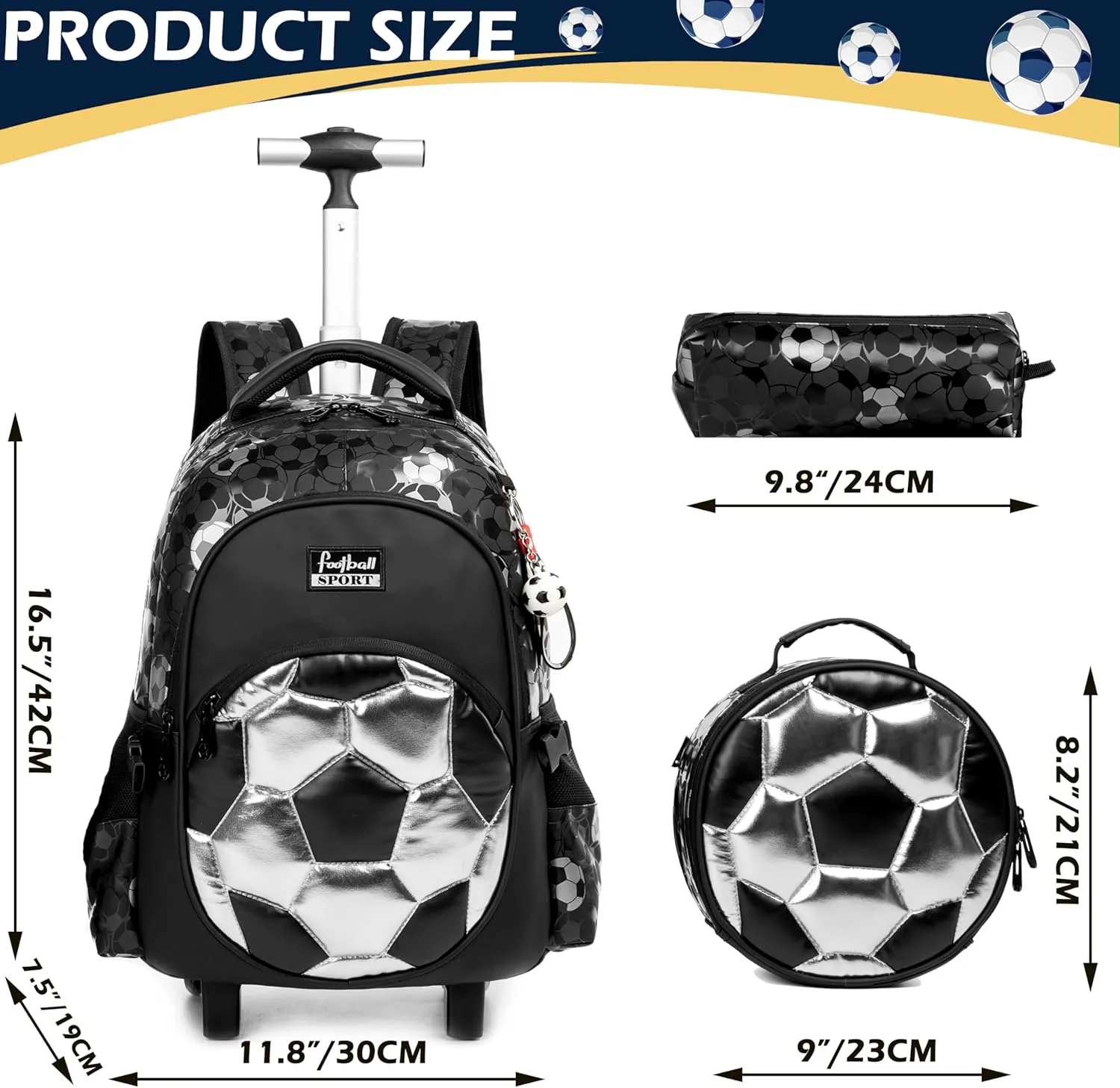 Meetbelify Rolling Backpack with Wheels for Boys Roller Backpacks with Lunch Box Pencil Case for Elementary Students Kids Football Luggage Travel Suitcase for Boys 6-8