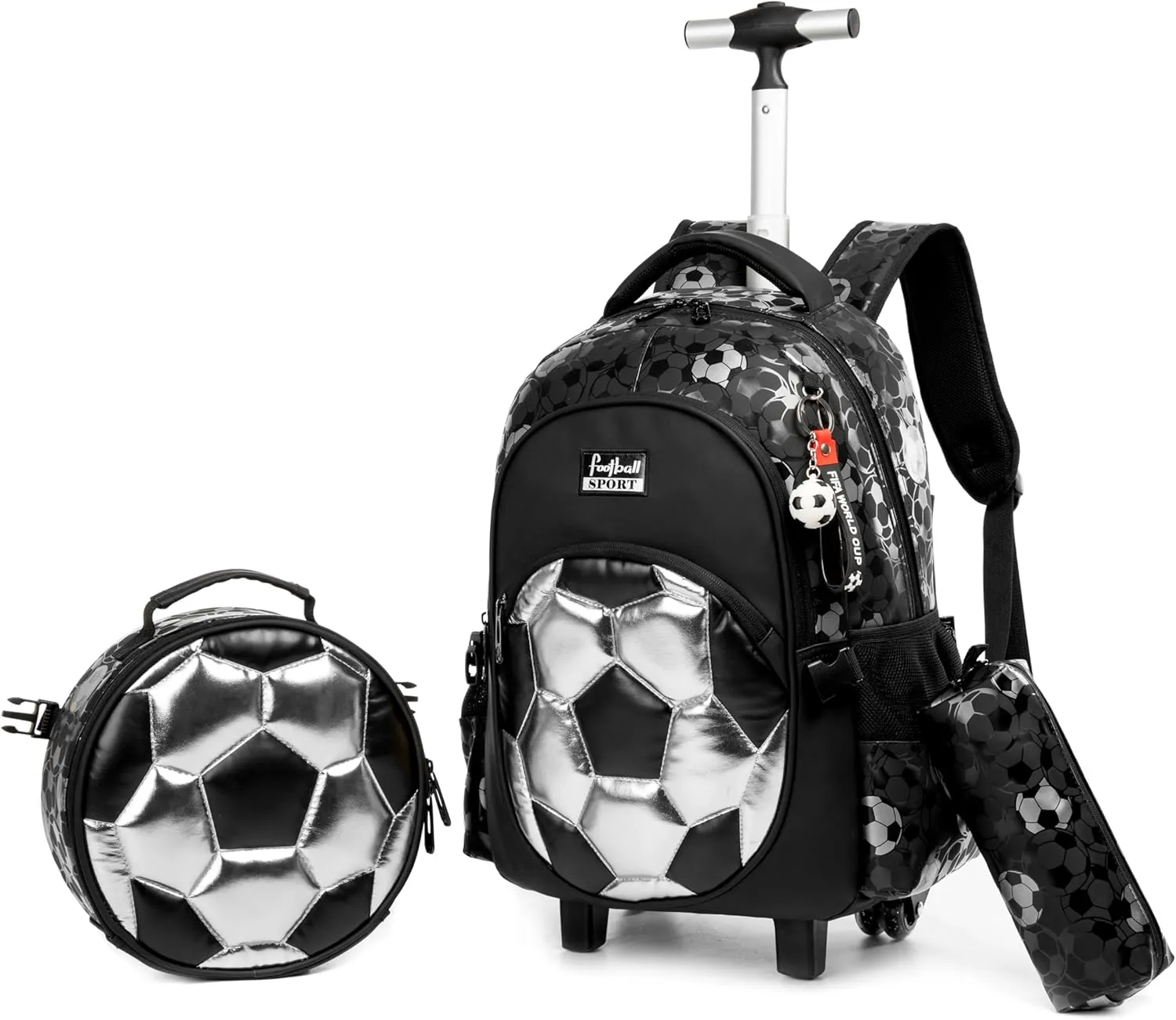 Meetbelify Rolling Backpack with Wheels for Boys Roller Backpacks with Lunch Box Pencil Case for Elementary Students Kids Football Luggage Travel Suitcase for Boys 6-8