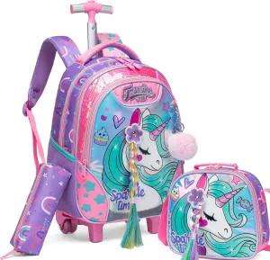 Meetbelify Unicorn Rolling Backpack for Girls Backpacks with Wheels for Elementary Preschool Students 3 in 1 Carry on Travel Luggage Kids Suitcase with Lunch Box Pencil Case for Girls Age 8-10